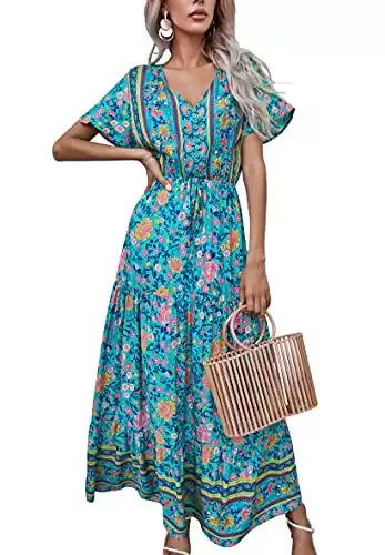 R.Vivimos Womens Summer Floral Print Cotton Short Sleeve Flowy Dress (Medium, Green)