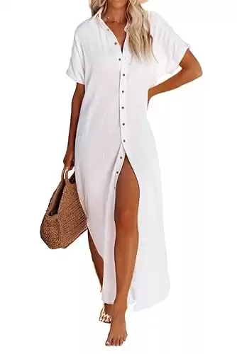 Dokotoo Womens Casual Short Sleeve Side Split Button Down Long Kimonos Cardigans Swimsuit Cover Ups