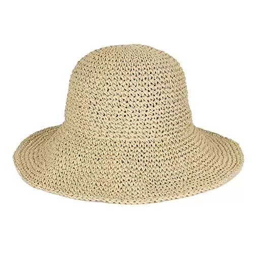 Womens Packable Straw Bucket Hat (Beige)