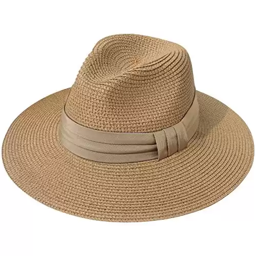 Lanzom Women's Wide Panama Hat UPF50+ (Brown)