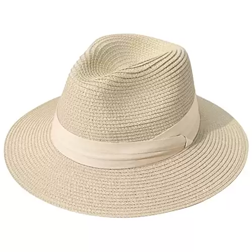 Lanzom Women Wide Brim Straw Panama Roll up Hat Fedora Beach Sun Hat UPF50+ (Z-Beige Ribbon Khaki)