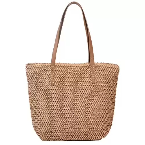 Large Straw Beach Bag for Womens, Straw Handbag Woven Tote Bag With Zipper Summer Straw Shoulder Bag