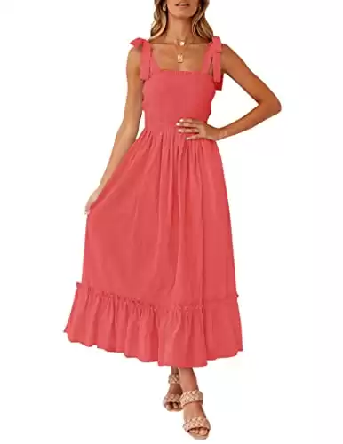 Women's Summer Boho Tie Strap Square Neck Ruffle Maxi Dress