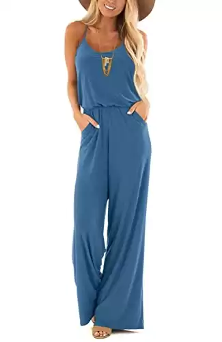 Women's Casual V Neck Sleeveless Spaghetti Strap Wide Leg Jumpsuit