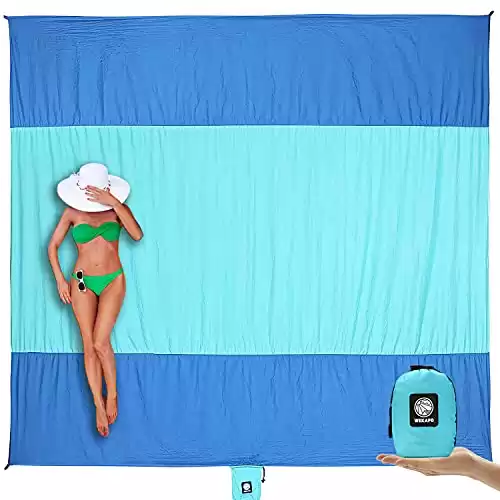 Sandproof Beach Blanket, Extra Large Oversized with 6 Stakes & 4 Corner Pocket