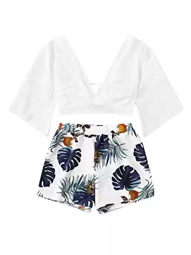 Women's 2 Piece Boho Half Sleeve Tie Back Crop Top with Shorts Set