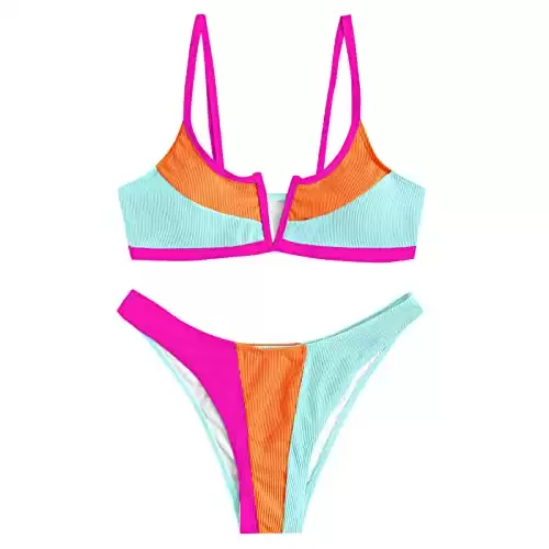 Ribbed Colorblock Swimsuit for Women High Cut Cheeky Bikini