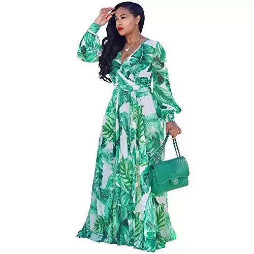 Womens Chiffon Deep V-Neck Printed Tropical Maxi Dress