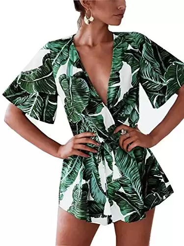 Women's Plunge V Neck Romper Printed Summer Beach Shorts