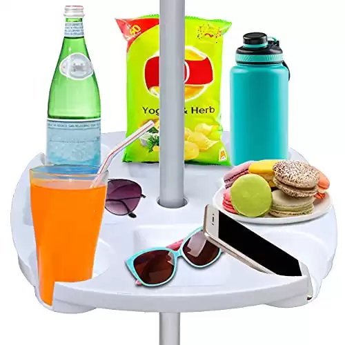 Beach Umbrella Table Tray with 4 Cup Holders, 4 Snack Compartments