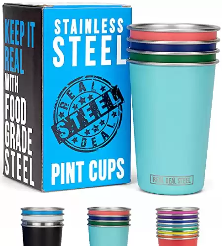 Real Deal Steel Party Pints: 16 oz Pint Cups, Stackable Tumblers, Eco Friendly Premium Metal Drinking Glasses