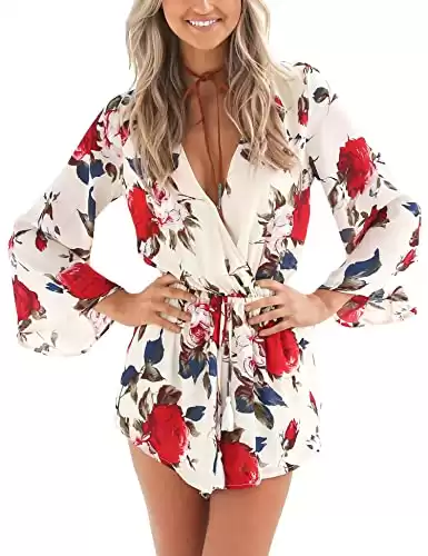 Women's Floral Print Long Sleeves Shorts Romper Playsuit