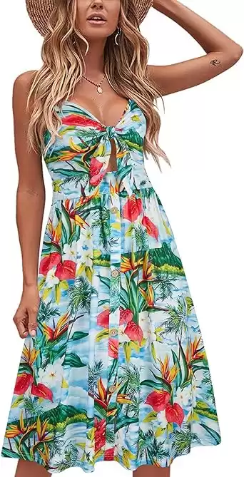Women's Floral V Neck Tie Front Spaghetti Strap Beach Dress with Pockets