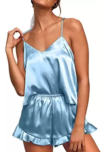 Ruffled Two Piece Satin Sleepwear