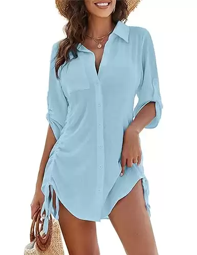 Blooming Jelly Womens Bathing Suit Cover Ups Bikini Swimsuit Coverup Drawstring Button Down Beach Dress Shirt