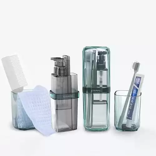 Portable Travel Kit 7 in 1, Toothbrush, Toothpaste Holder, Shampoo, Shower Gel Dispenser with Double Leak Proof, Comes with Towel, Toothbrush and Foldable Comb