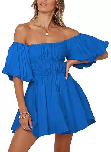 Off The Shoulder Lantern Sleeve Ruffle A-Line Mini Dress