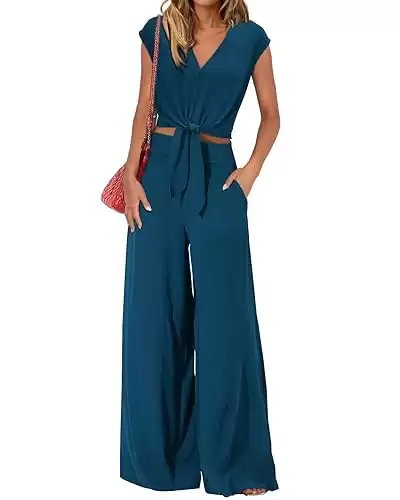 Two Piece Cap Sleeve Crop Tops and Wide Leg Pant Set